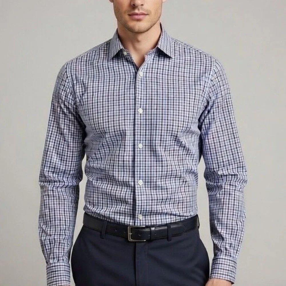 Banana Republic Mens Tailored Slim Fit NonIron Gingham Dress Shirt Blue Purple M